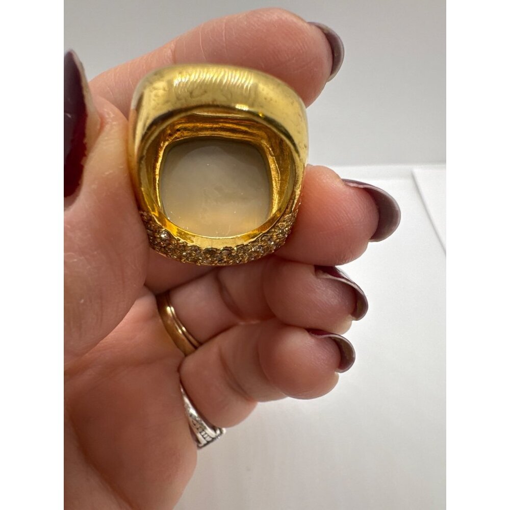 Gold Tone Square Dome Ring Tan Stone Pave' Crystal Sides Size 7 Statement Glam - Picture 8 of 10